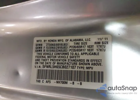 2012 Honda Odyssey Ex-L from USA, damaged, VIN 5FNRL5H65CB027107